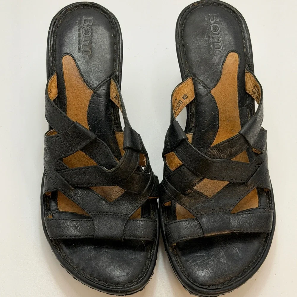 Born Black Leather Strappy Ascot Wedge Sandals Womens 8 M/W W3309 K6 Slide Mules